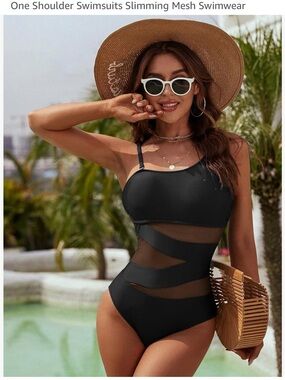 NWT Blooming Jelly  Black One-Shoulder Mesh Panel One-Piece Swimsuit Size S